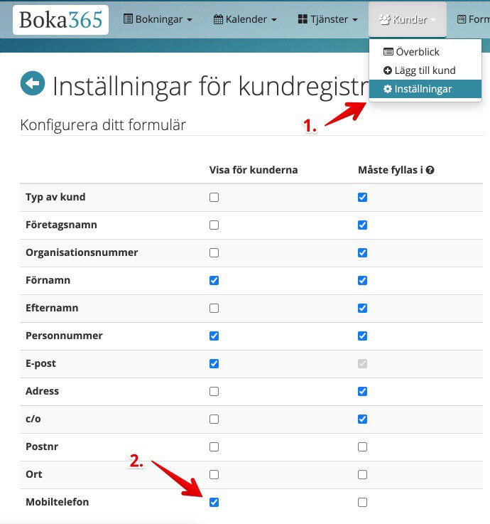Aktivera mobilnummer i kundformuläret på bokningssidan